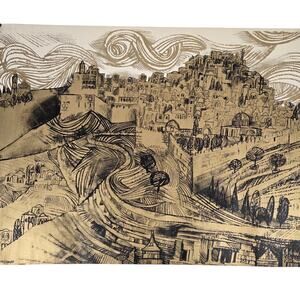 Vintage Eliezer Weishof Seriograph Print Jerusalem Israel Jewish Art Gold Poster